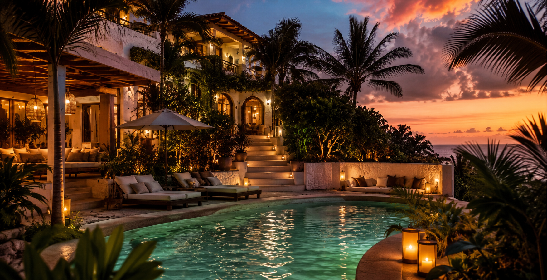A Mediterranean-style villa at sunset, with a glowing pool, palm trees, and the ocean beyond