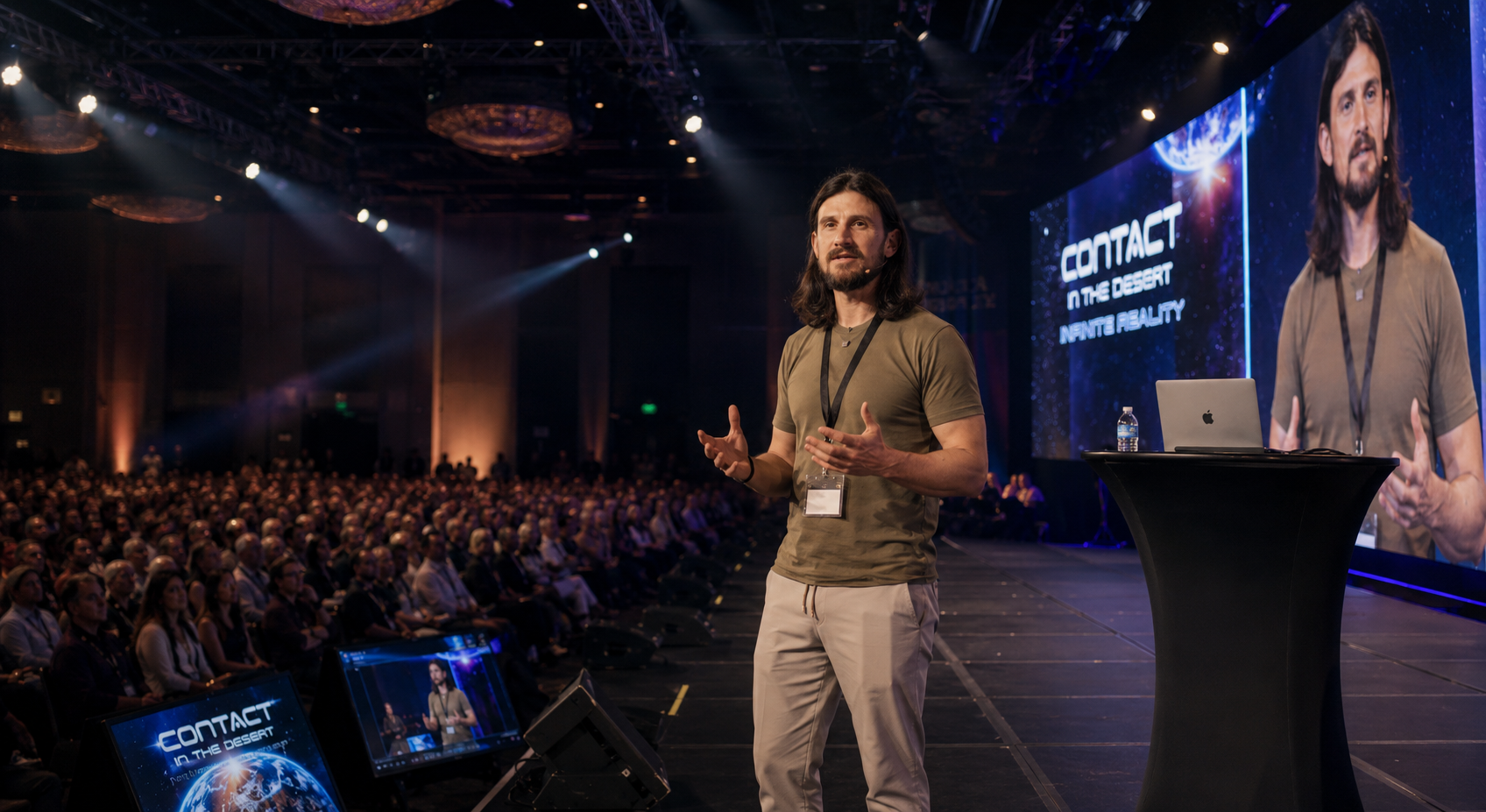 Danny Goler speaking on stage to a large audience