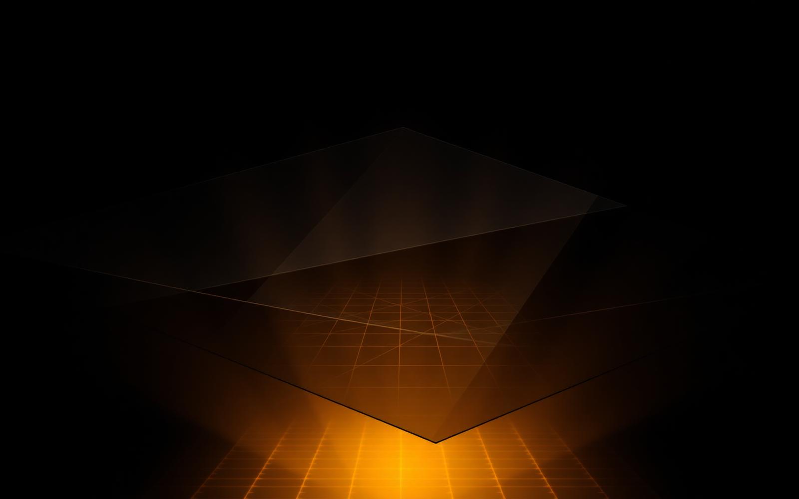 Layered geometric planes over a glowing grid in darkness