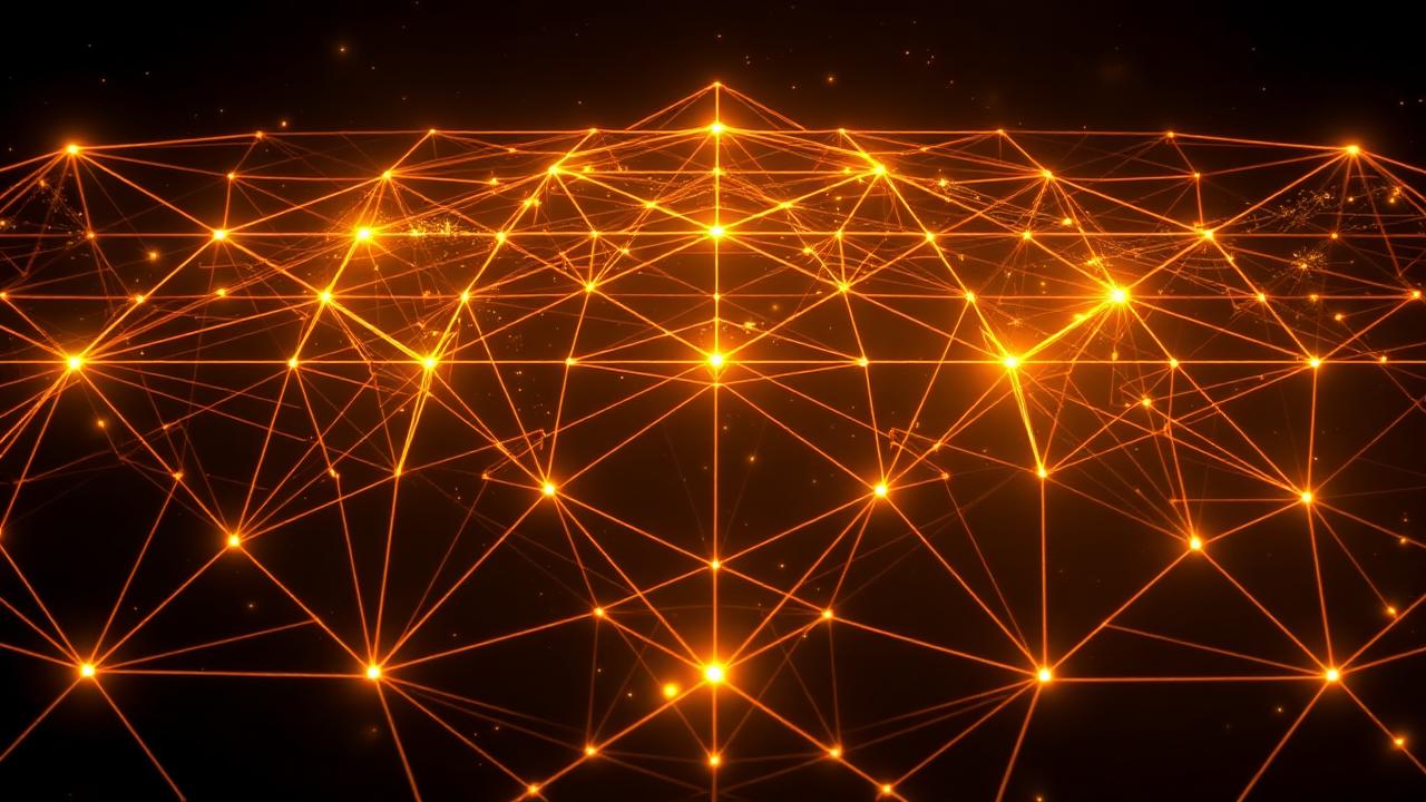 A glowing gold wireframe grid dissolving into dark space