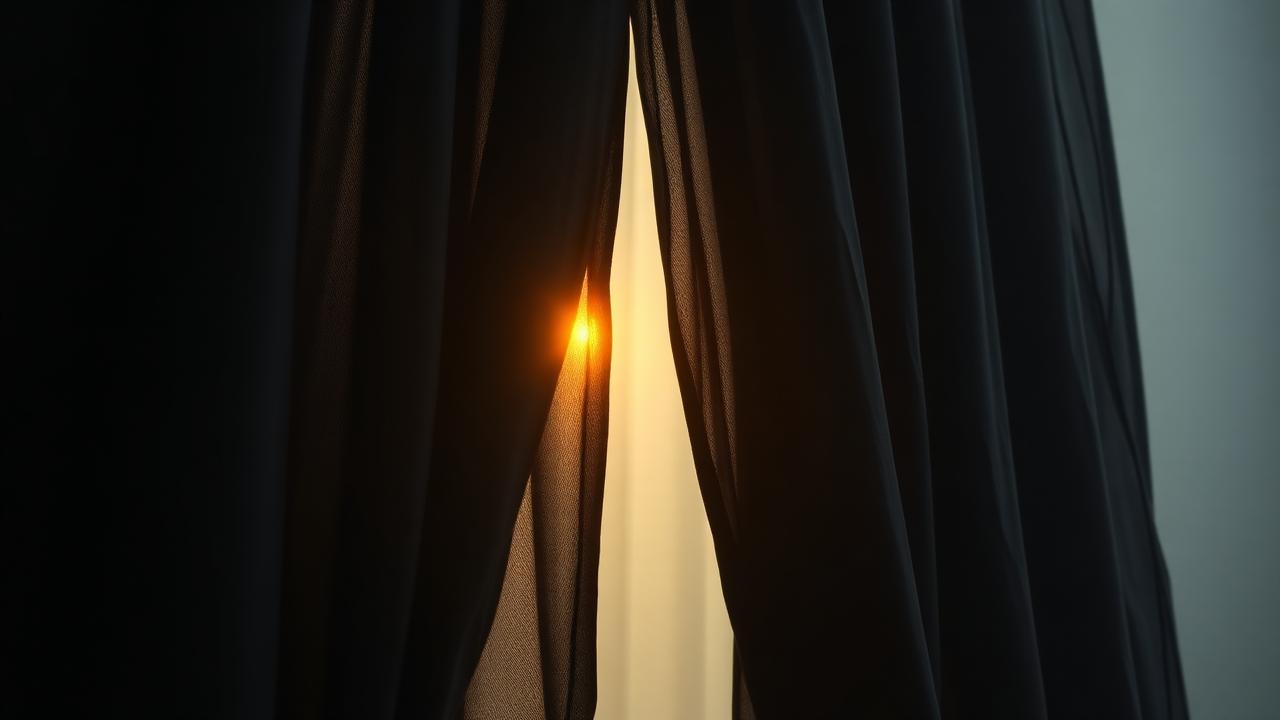 A dark veil tearing open with warm gold light breaking through